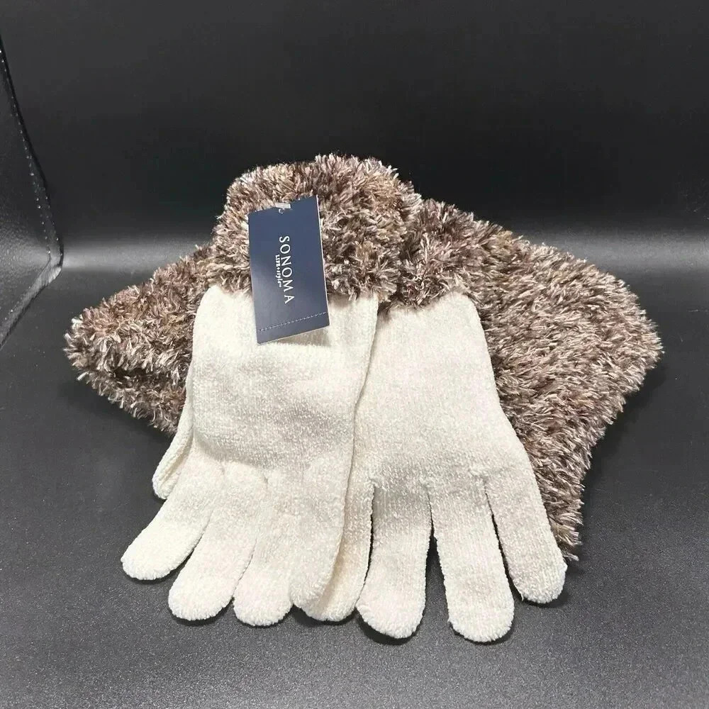 New Sonoma Scarf & Gloves One Size Plush Brown White Wrap Pull On Ivry Marle